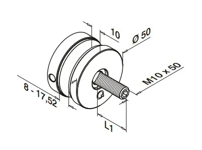 Pistekiinityshela D 50 mm, kierretappi M10x50mm, lasille 8-18mm