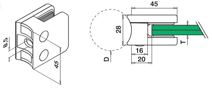 Kinnitusdetail torule 42,4 mm RST (AISI304), 8 mm klaasile