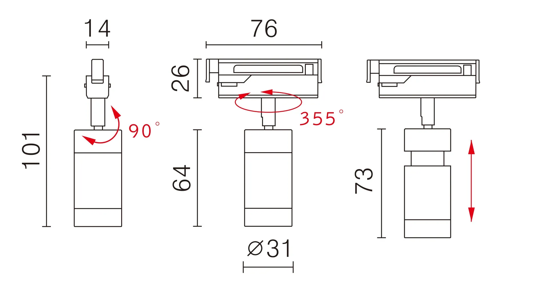 LED kohdevalaisin TU-223 kiskolle, 7,7W DC24V, valkoinen, 3000K, DIM10-100% adapter